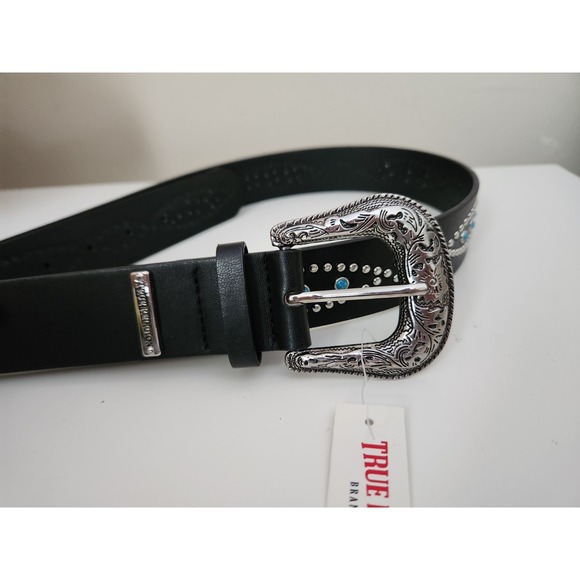 TRUE‎ RELIGION Women Stone Embellished Southwestern Faux Leather Black Belt L/XL - Picture 2 of 8